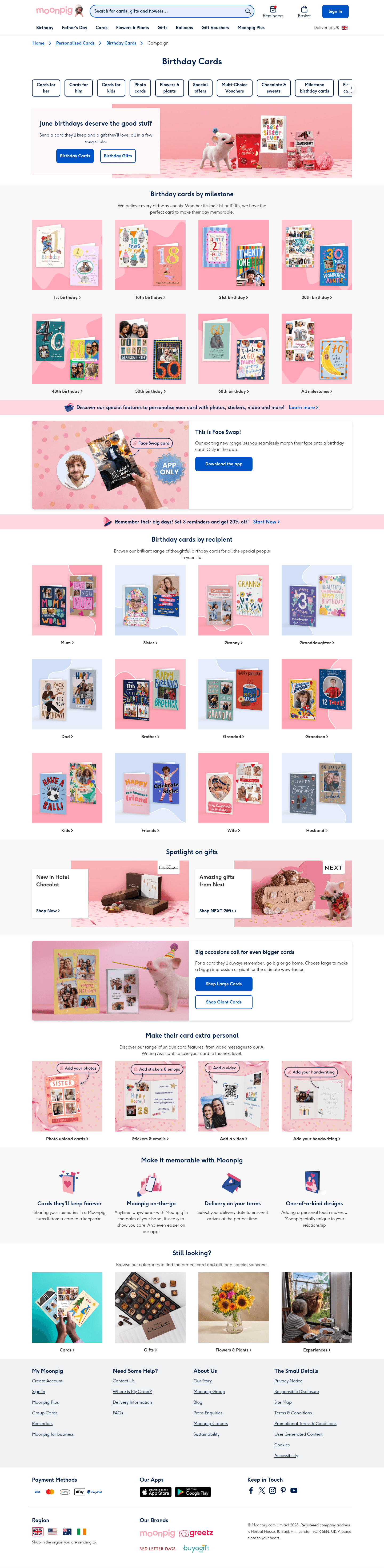 Moonpig landing page