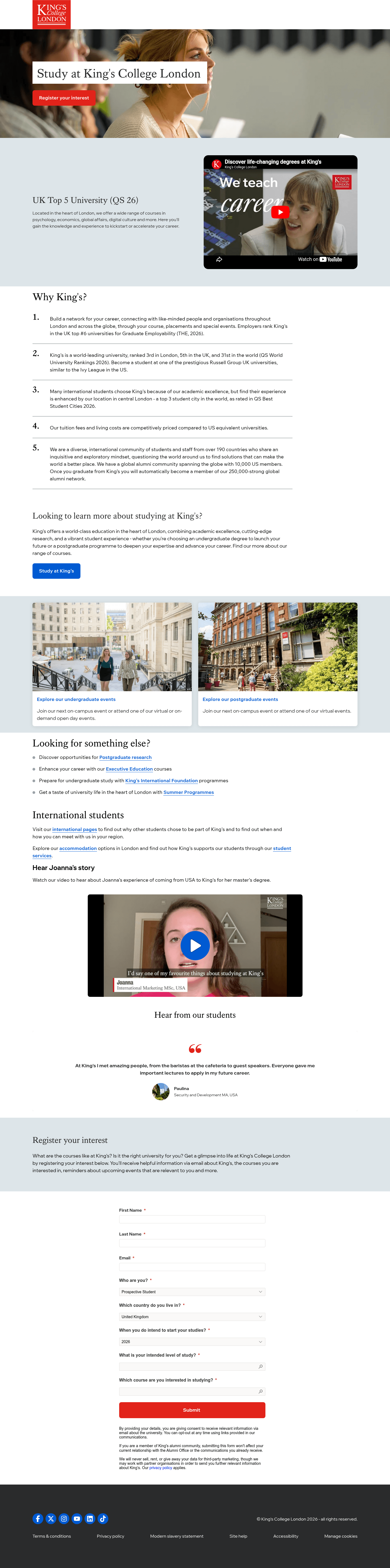 King's College London landing page