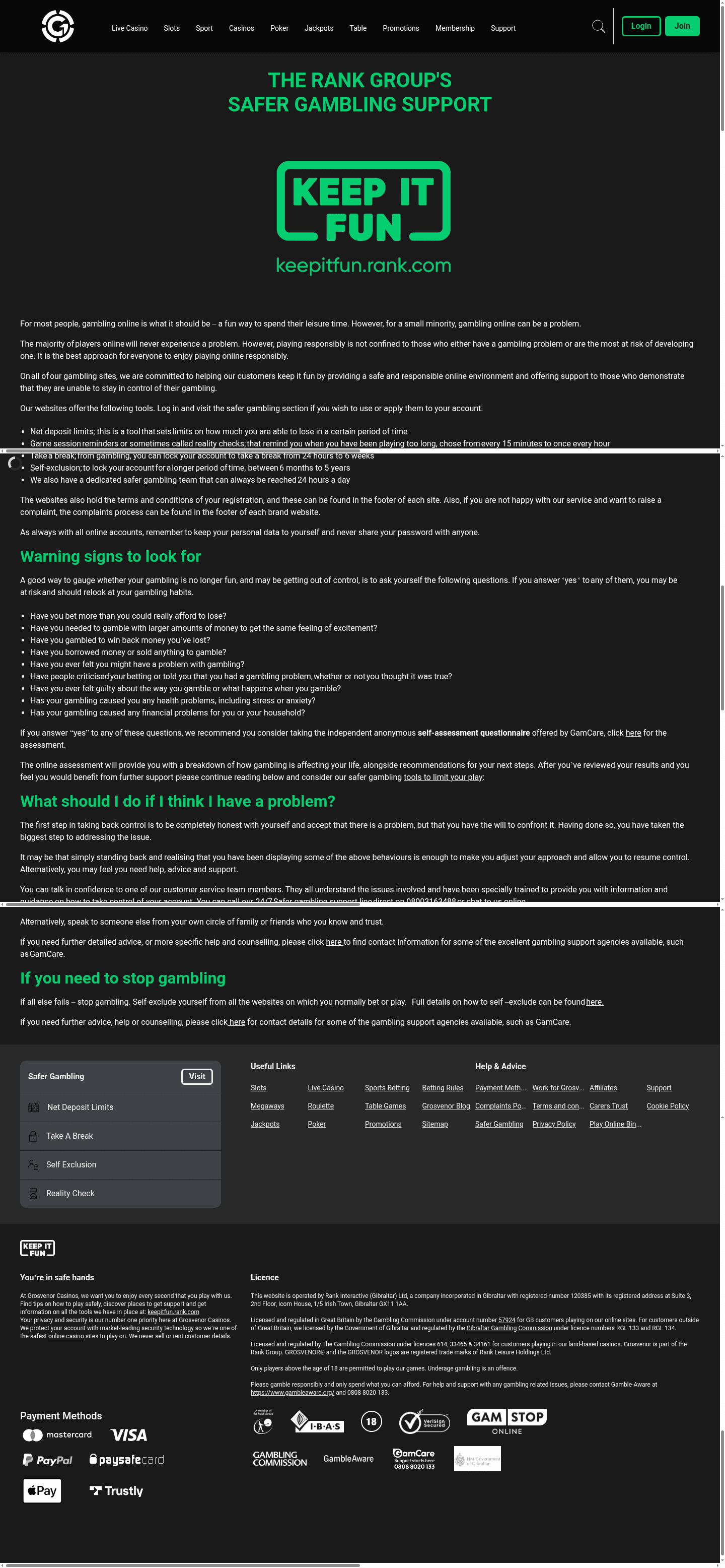 Grosvenor Casinos landing page