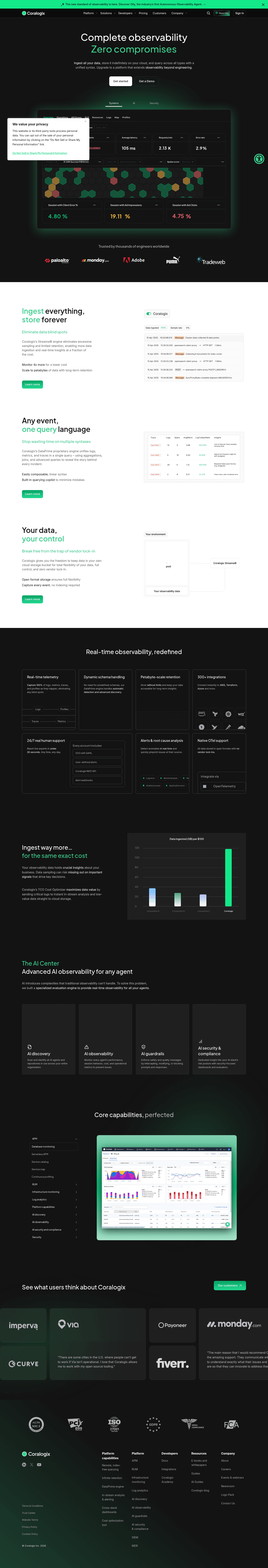 Coralogix landing page