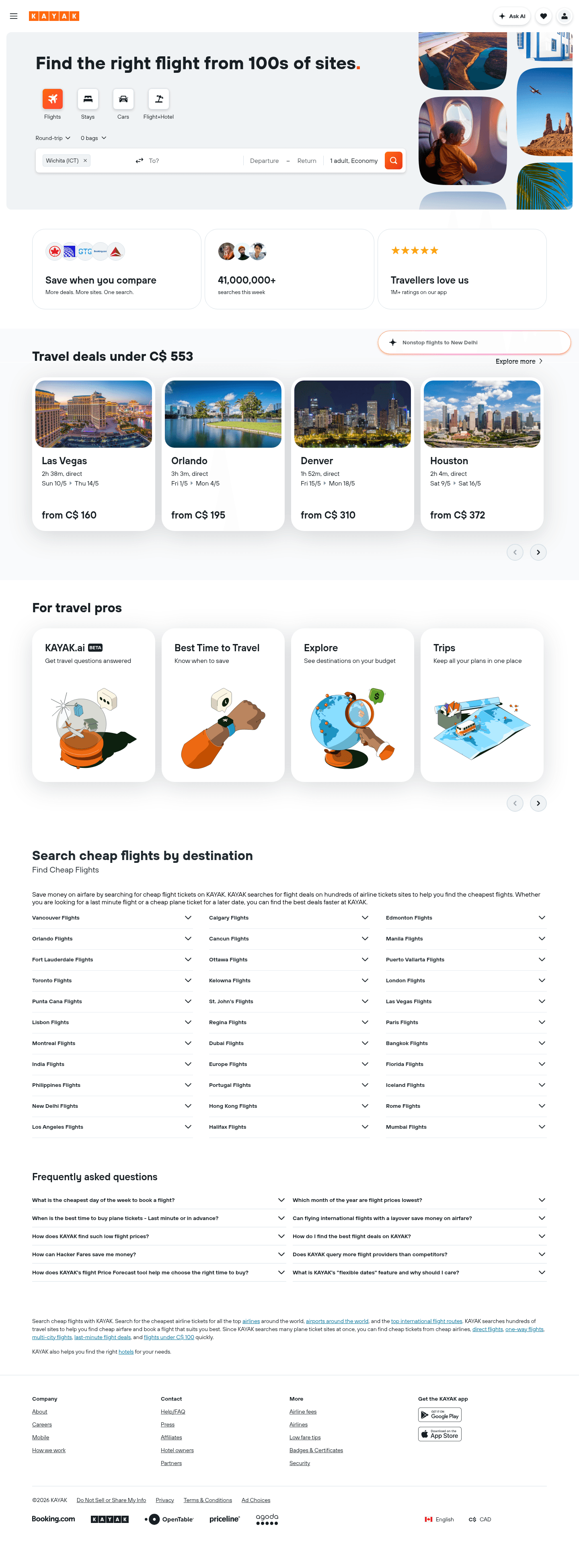 KAYAK landing page