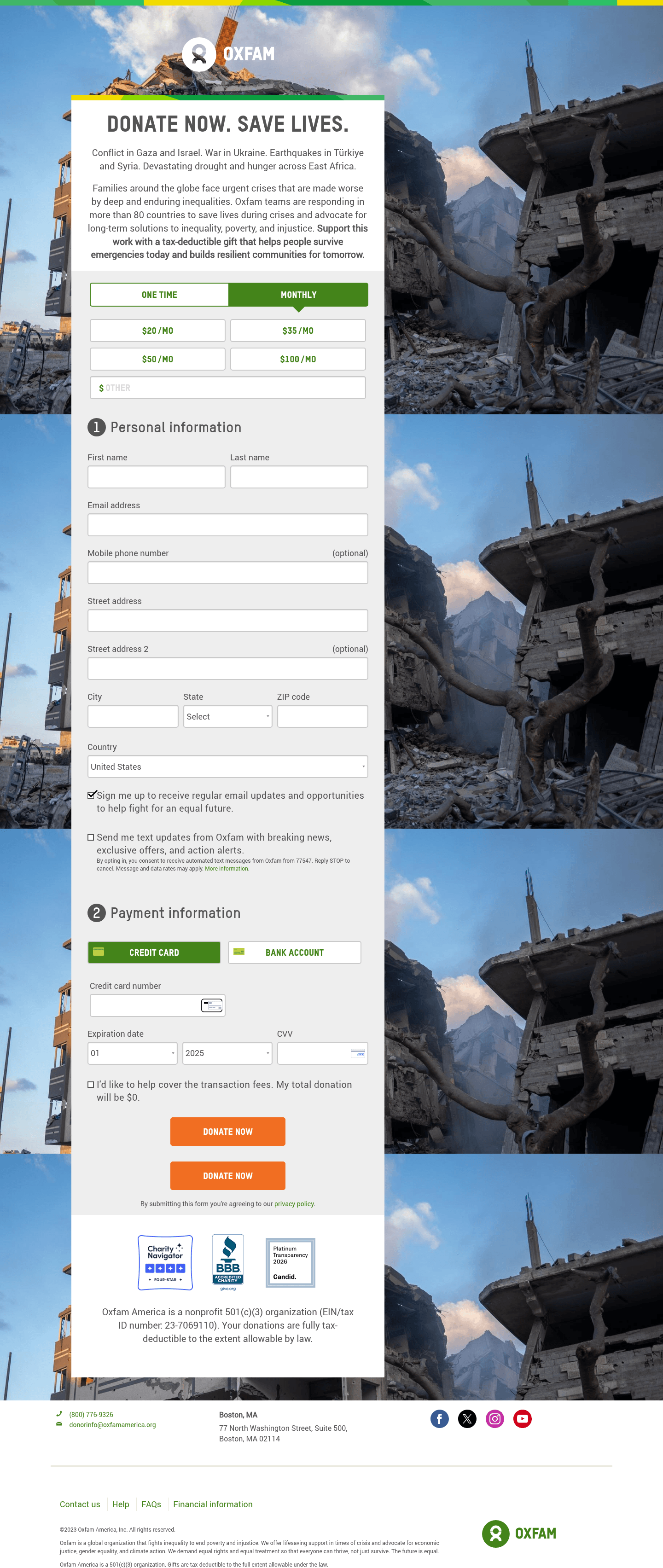 Oxfam landing page